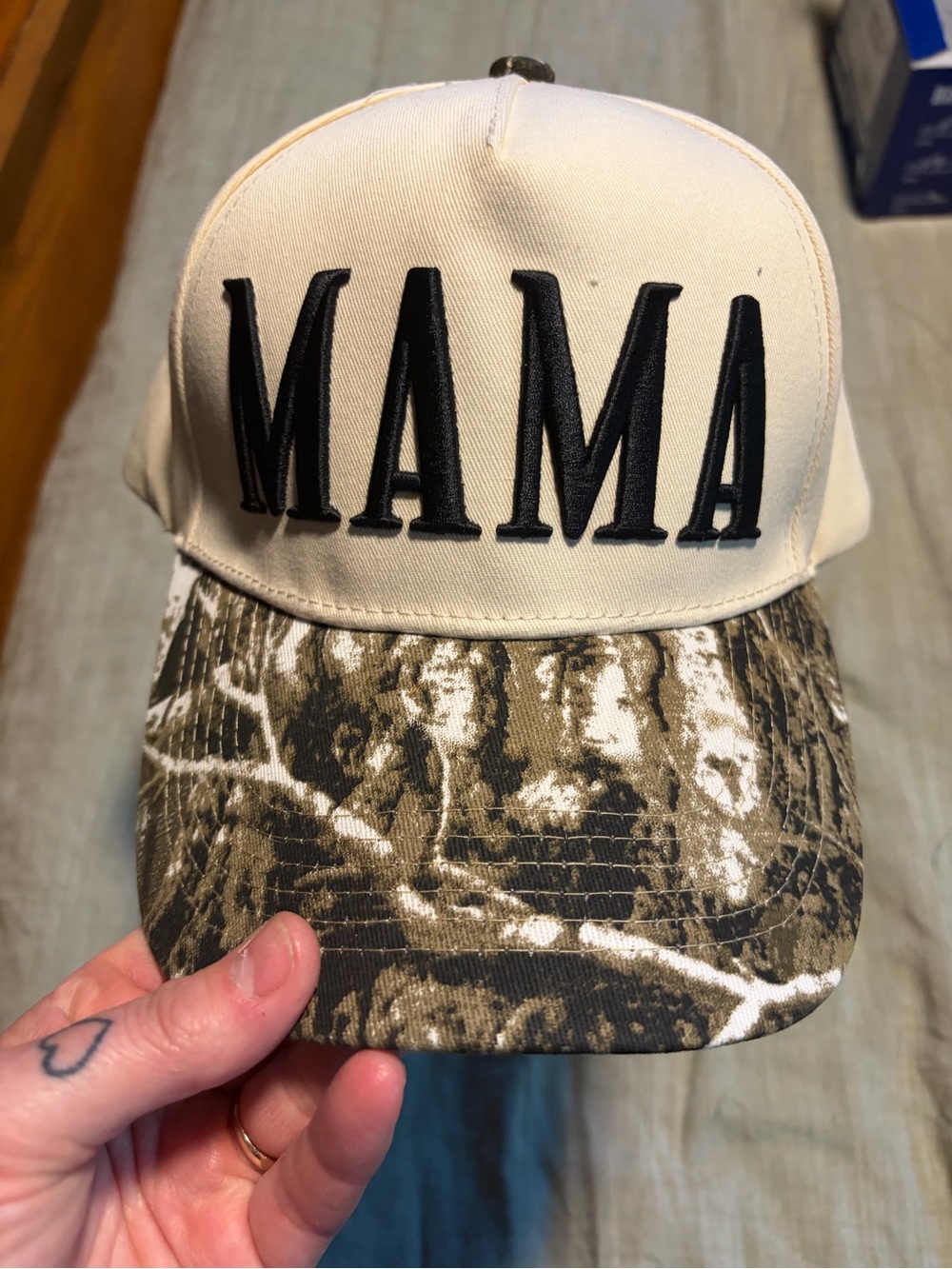 MAMA Embroidered Trucker Hat - Beige with Camo Brim